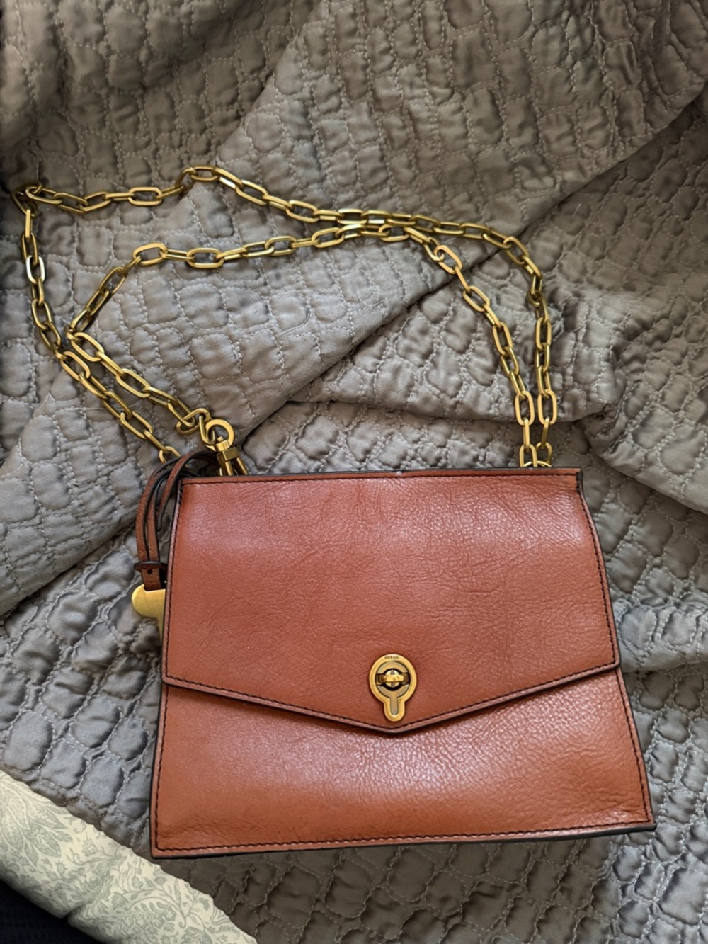 Fossil Leather Crossbody or Shoulder Bag in Cognac Brown with Gold Chain